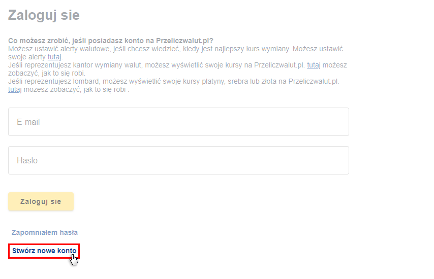 Utwórz nowe konto Przeliczwalut.pl