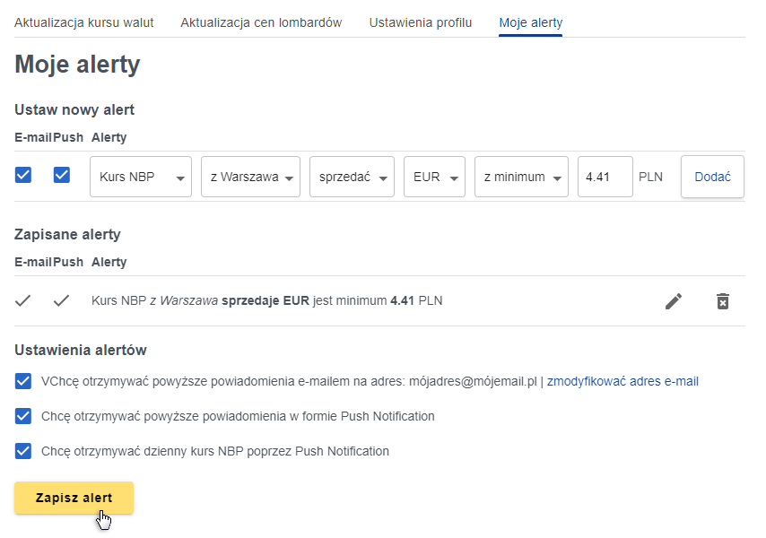 Alerty walutowe Przeliczwalut.pl